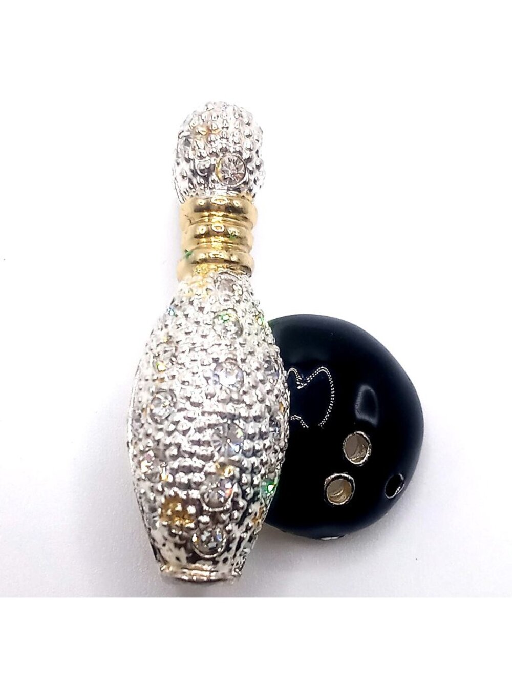 Vintage Roman Bowling Pin Ball Rhinestone Brooch Gold Silver Tone Accent Jewelry